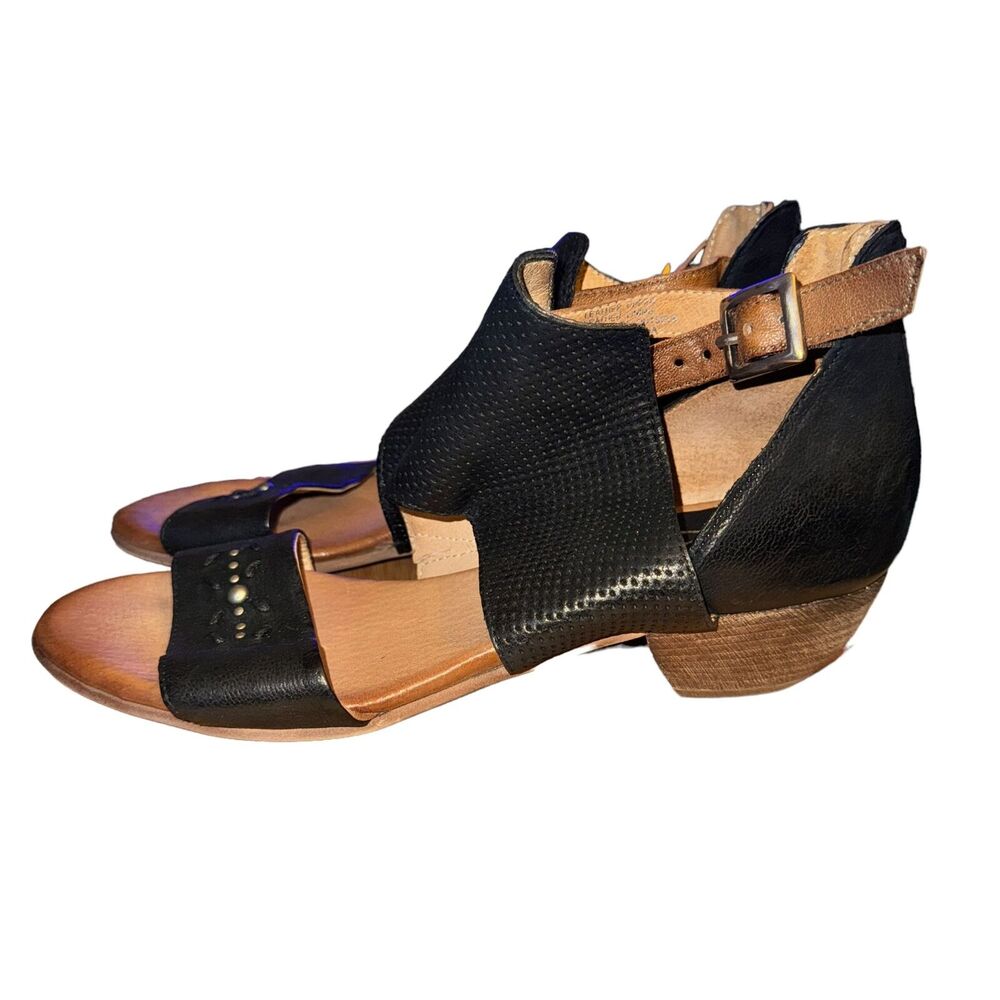 Miz Mooz Caribe Cutout Sandals Women's 9 Black Leather Heel Zip Buckle
